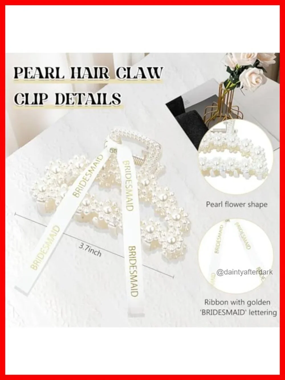 9 Pack Pearl Bridesmaid Hair Claw Clips with Ribbon and Bride Rhinestone Clip
